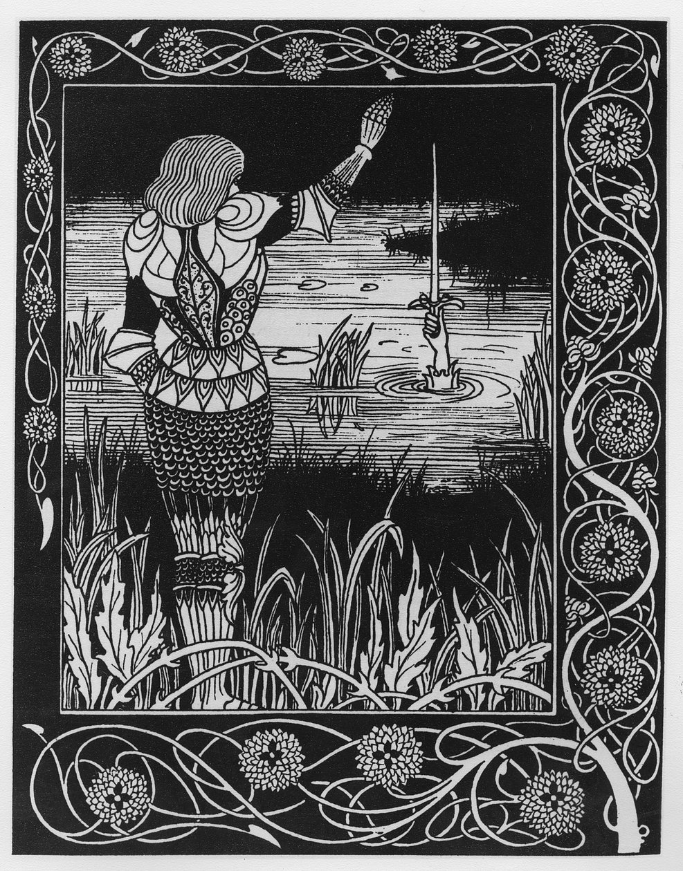 Hogyan dobta Sir Bedivere az Excalibur kardot a vízbe, illusztráció Sir Thomas Malory "Le Morte d