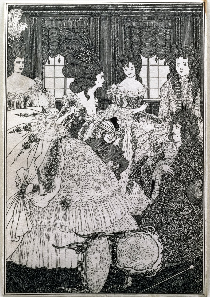 „A Beaux-i és Belles-i csata”, Alexander Pope (1688-1744) kocsma „A zár megerőszakolása” című könyvének nyolcadik illusztrációja. írta: Leonard Smithers alkotó: Aubrey Beardsley