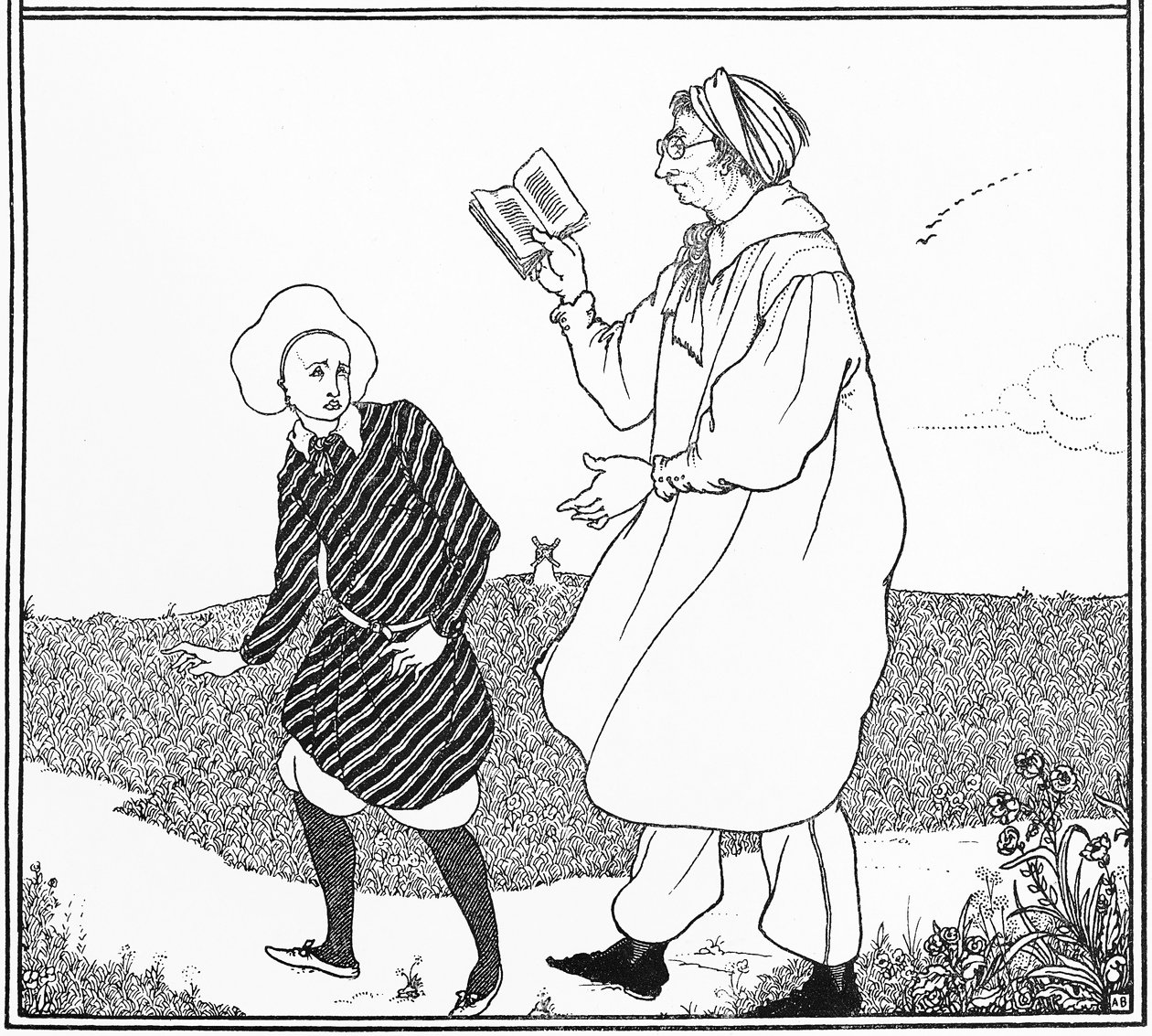 „Az ifjúság és a pedánsság örök problémája”, a „Sárga könyv” első borítójának illusztrációja, 1894-95 alkotó: Aubrey Beardsley