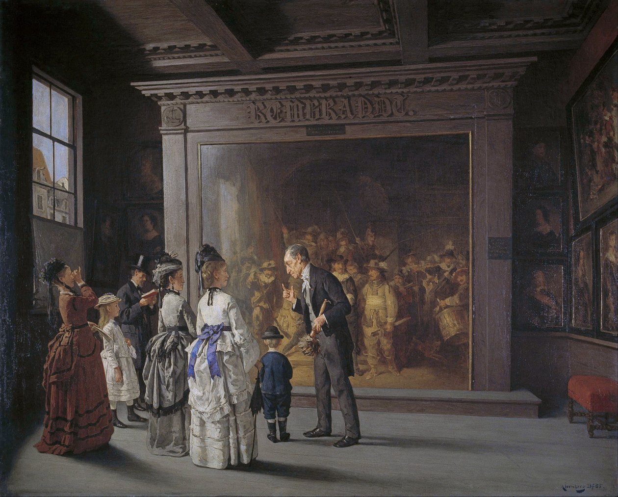 Magyar: A látogatók Rembrandt éjszakai őre előtt Amszterdamban alkotó: August Jernberg