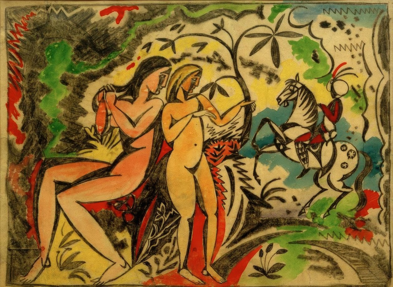 Fürdőzők és török lovas, hímzés tervezés alkotó: August Macke