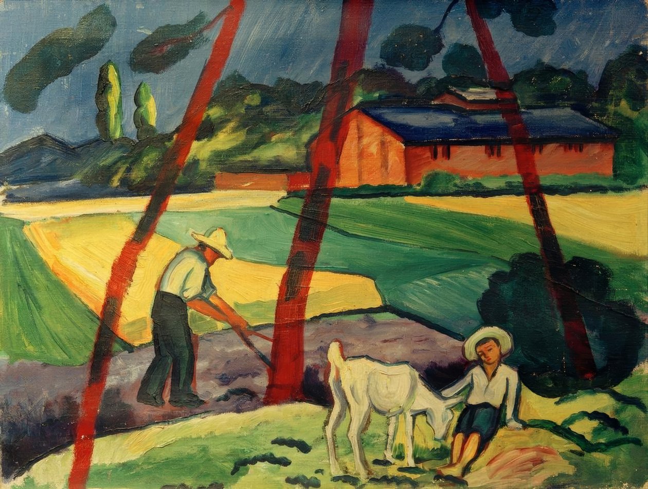 Táj egy farmerrel, fiúval és kecskével alkotó: August Macke
