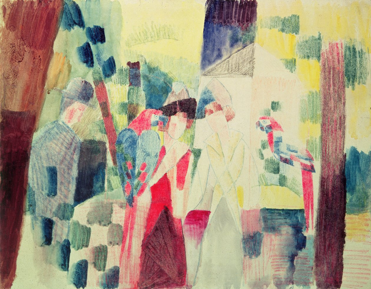 Két nő és egy férfi papagájokkal, XX. század alkotó: August Macke