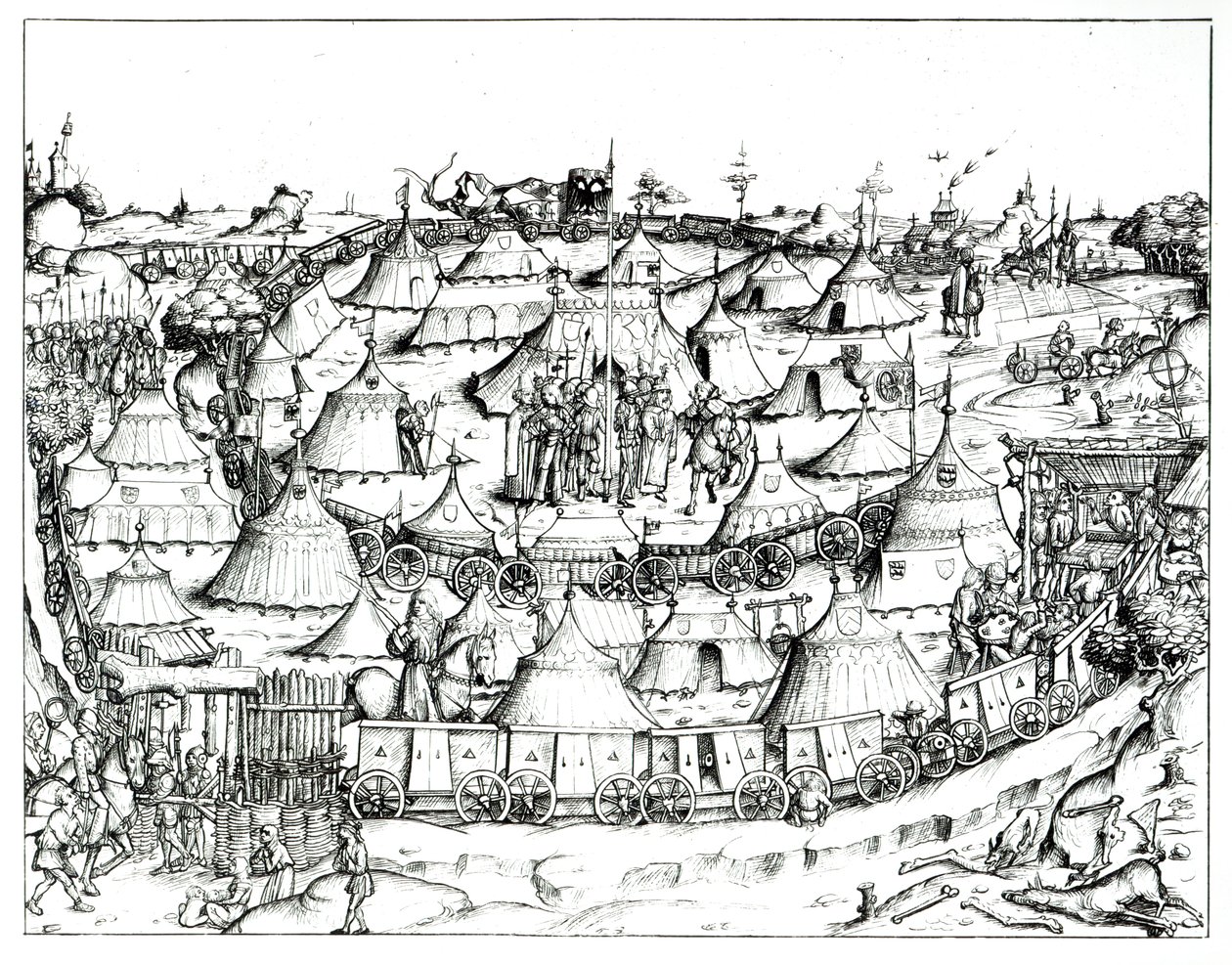 Középkori katonai táborhely, könyvből, kocsmából. 1887 (bw fotó) alkotó: August Ottmar von Essenwein