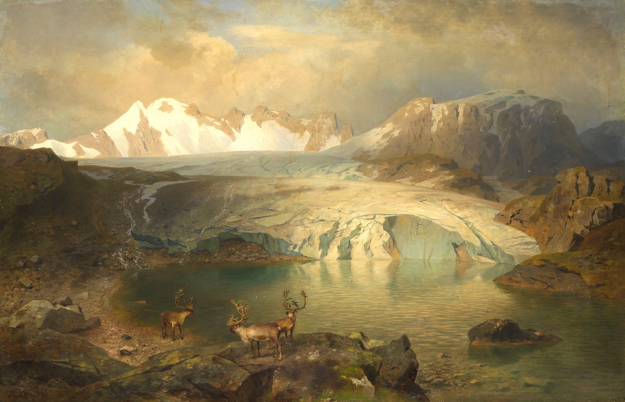 Fjord táj gleccserrel és rénszarvassal alkotó: August Wilhelm Leu