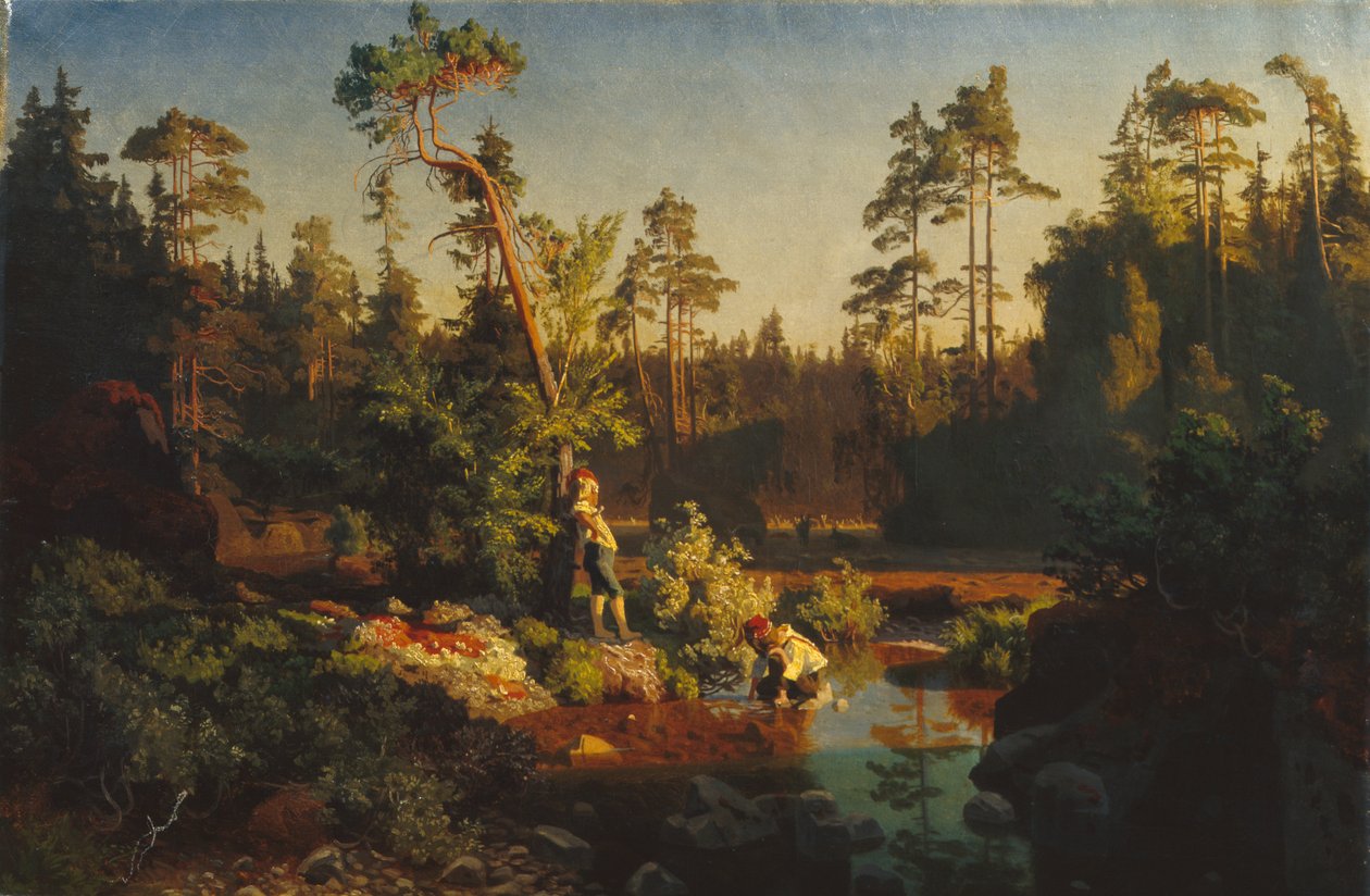 Kisfiúk az erdőben (Shepherd boys) (festmény) alkotó: August Cappelen