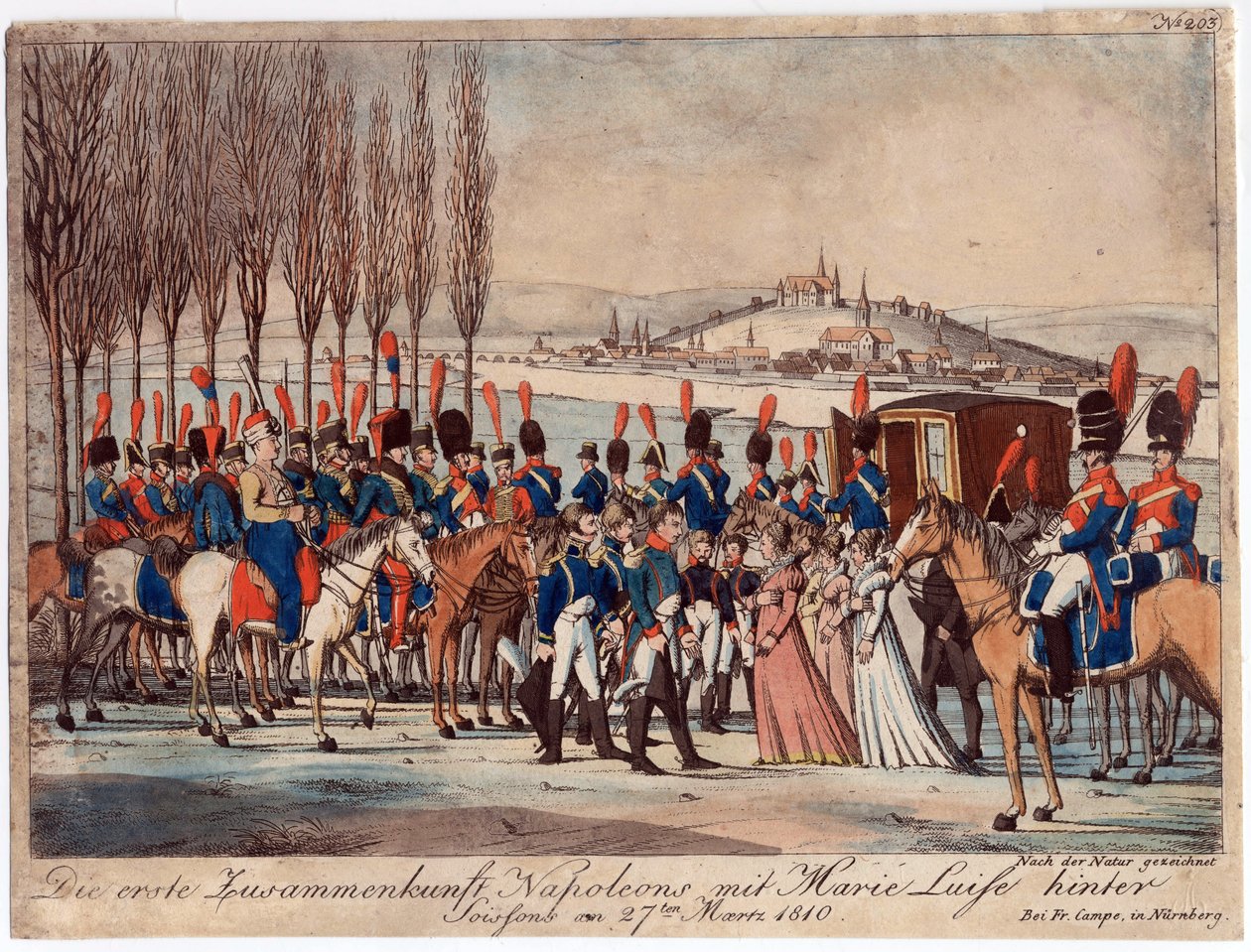 Napóleon bemutatja Marie-Luise császárnőt családjának a Soissons melletti pavilonon kívül - Campe, August Friedrich Andreas (1777-1846) - Rézkarc, akvarell - 17,3x23 - Magángyűjtemény alkotó: August Friedrich Andreas Campe