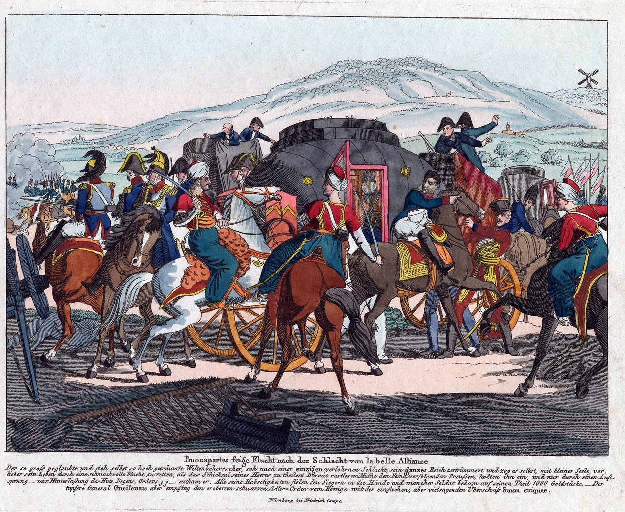Napóleon repülése a waterlooi csata után (1815) - Campe, August Friedrich Andreas (1777-1846) - Rézkarc, akvarell - 21,5x26,3 - Magángyűjtemény alkotó: August Friedrich Andreas Campe