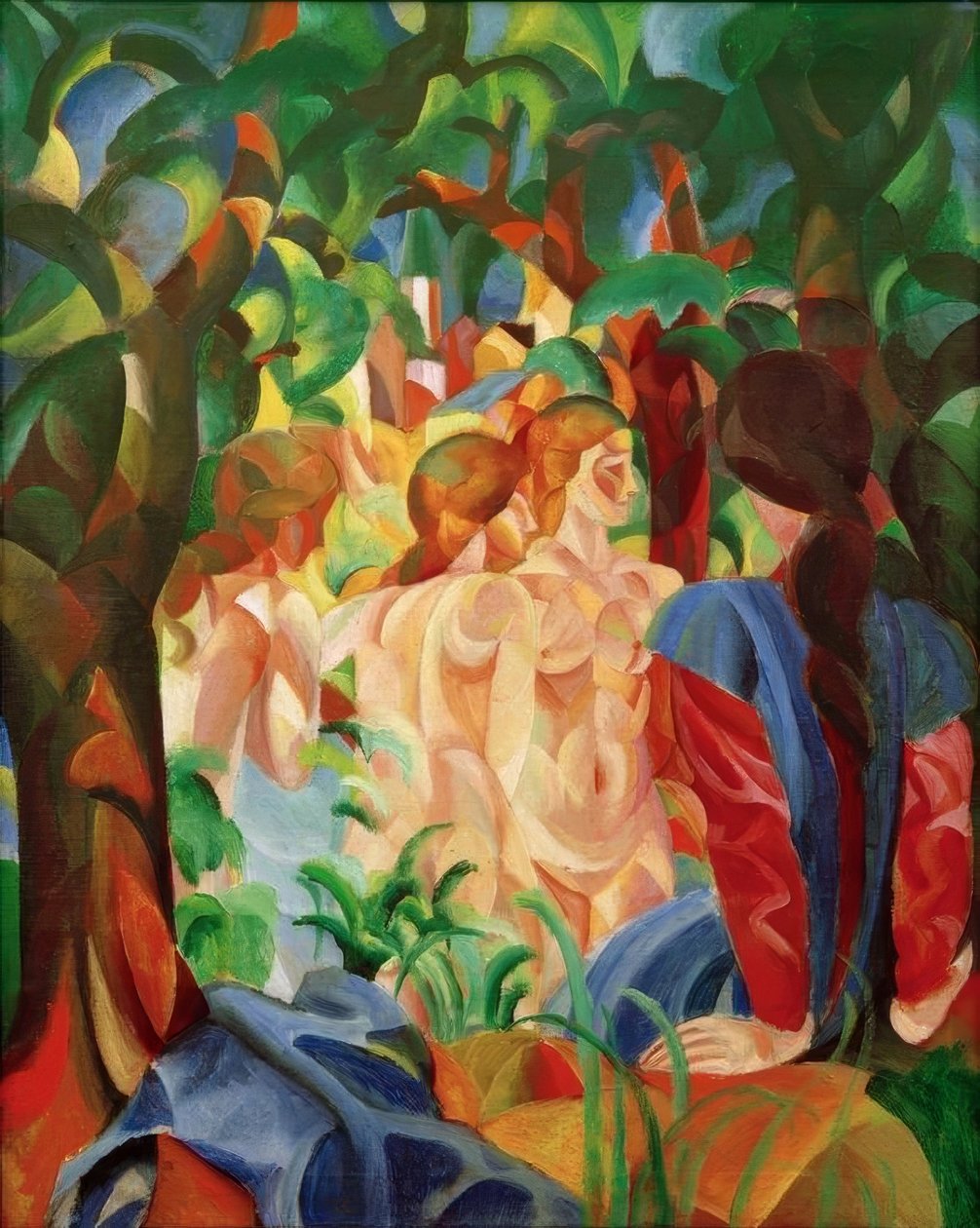 Fürdő lányok várossal a háttérben alkotó: August Macke