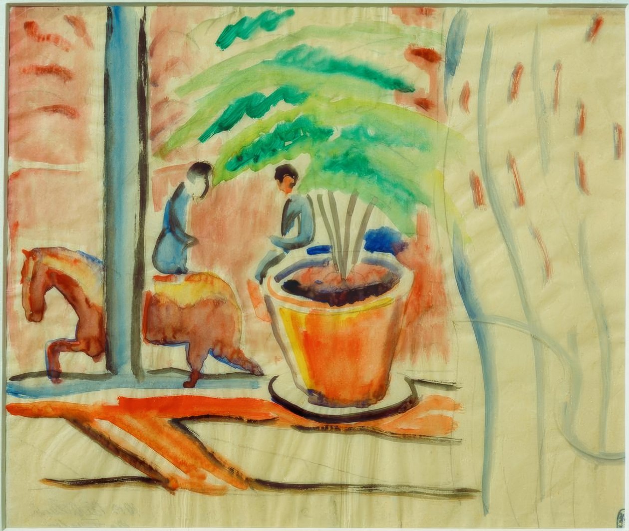 Kilátás az utcára az ablakon kívülről alkotó: August Macke