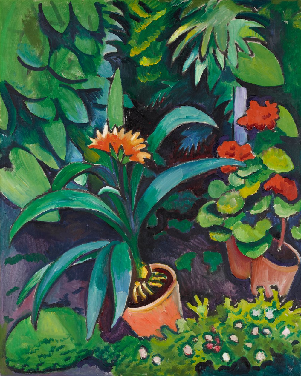 Virágok a kertben, klíviák és muskátlik alkotó: August Macke