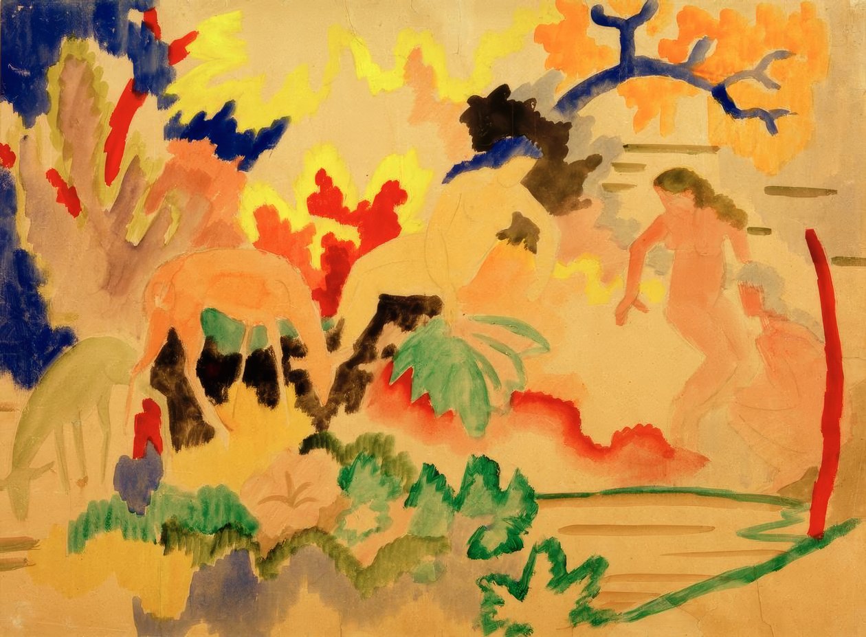 Három akt szarvassal a víz mellett alkotó: August Macke