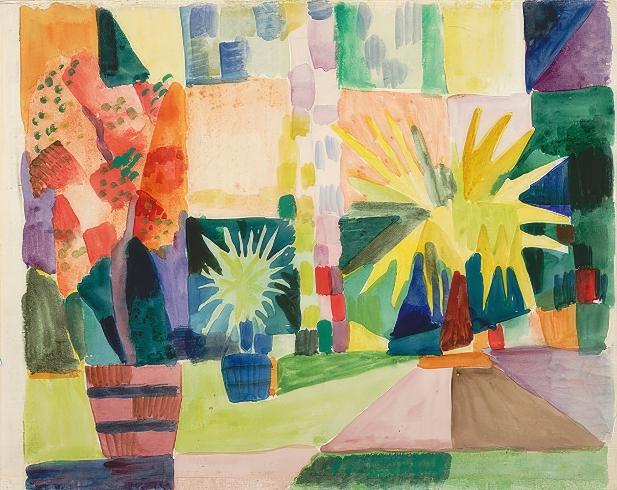 Kert a Thun-tónál (gránátalma és pálmafa a kertben). 1914 alkotó: August Macke