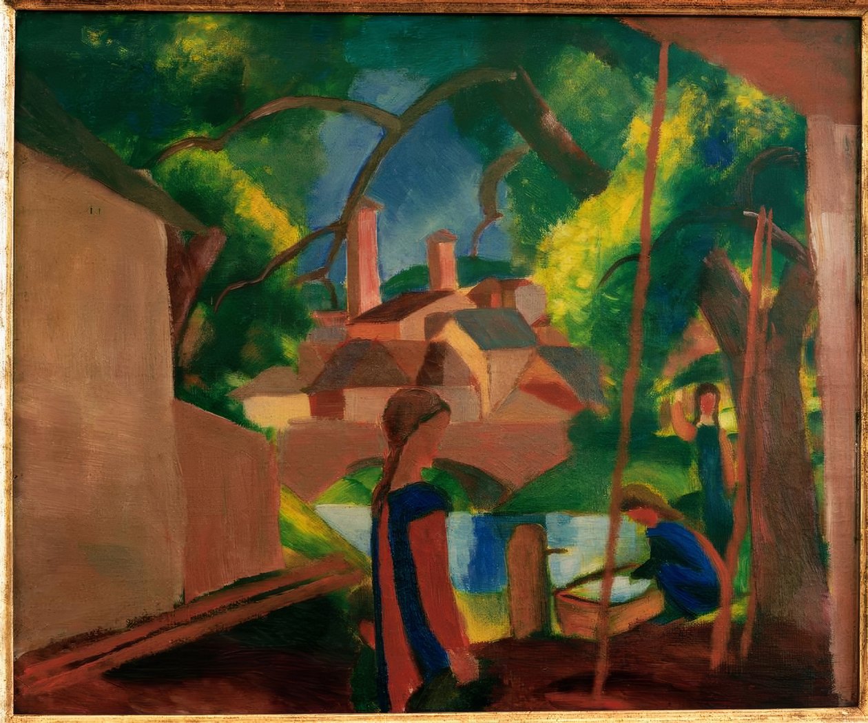 Gyerekek a szökőkútnál, várossal a háttérben alkotó: August Macke