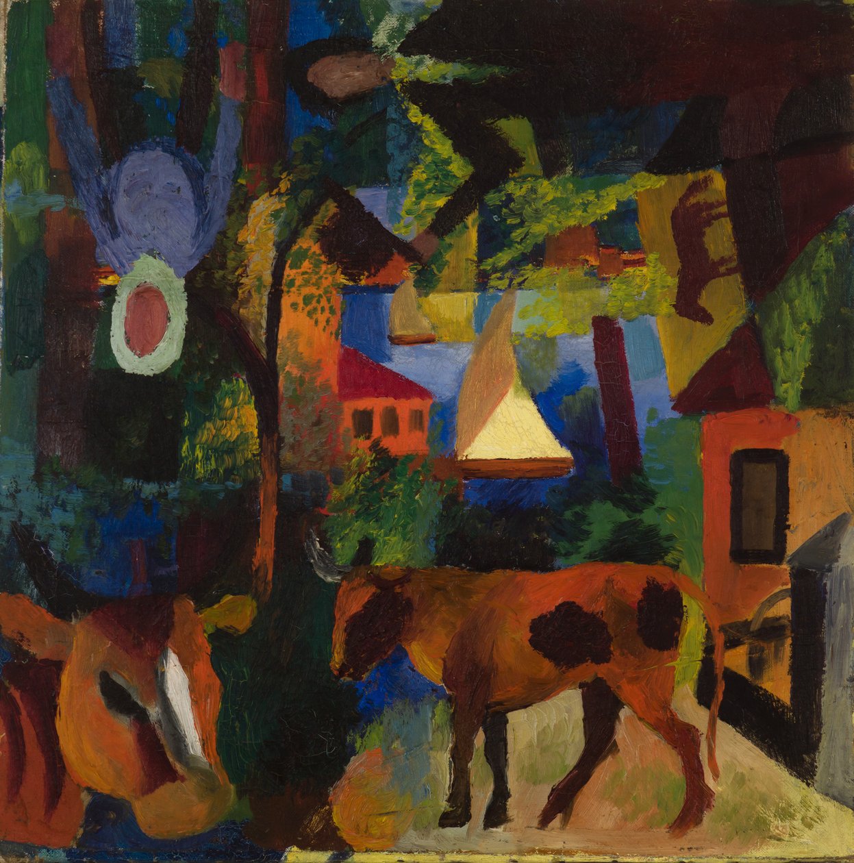 Táj tehenekkel, vitorlással és festett figurákkal alkotó: August Macke
