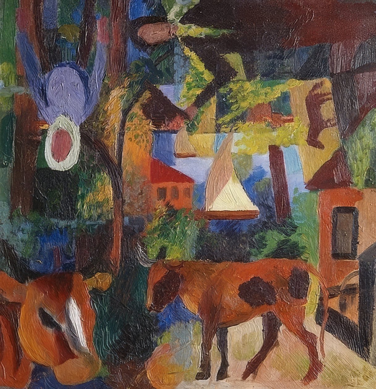 Táj tehenekkel, vitorlással és figurákkal. 1914 alkotó: August Macke