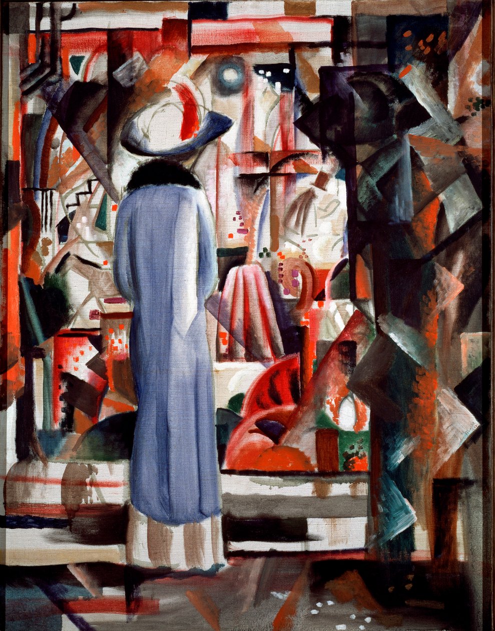 Nagy, megvilágított kirakat Egy hosszú kabátot és sapkát viselő nő egy vitrinre néz. August Macke (1887-1914) festménye 1912 Dim. 105x85 cm Hannover, Sprengel Múzeum alkotó: August Macke