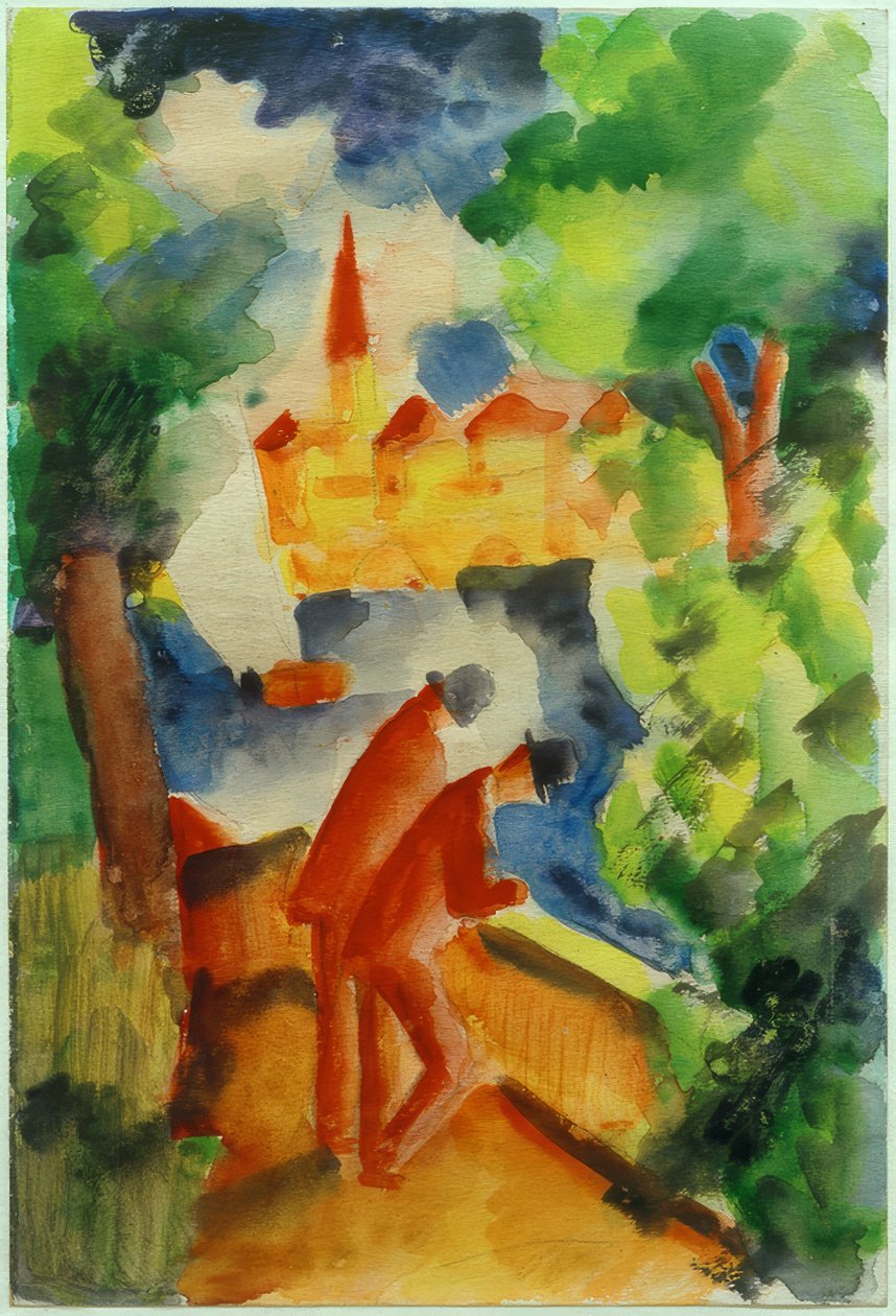 Férfiak a tóparti teraszon alkotó: August Macke