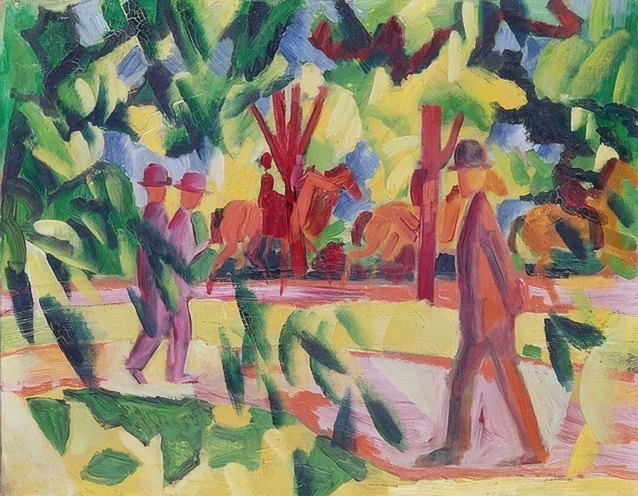 Lovasok és sétálók egy sugárúton. 1914 alkotó: August Macke
