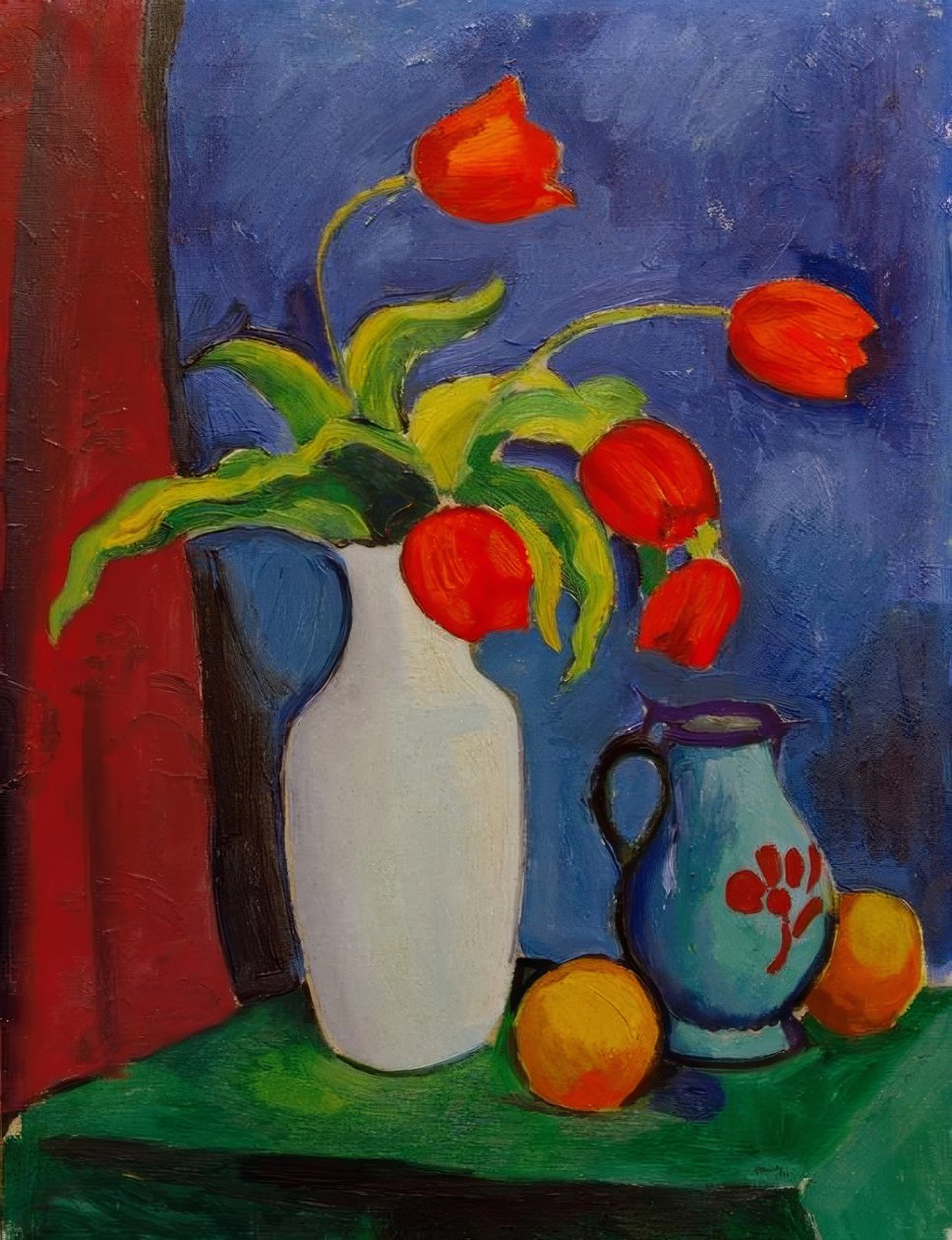 Piros tulipánok fehér vázában alkotó: August Macke