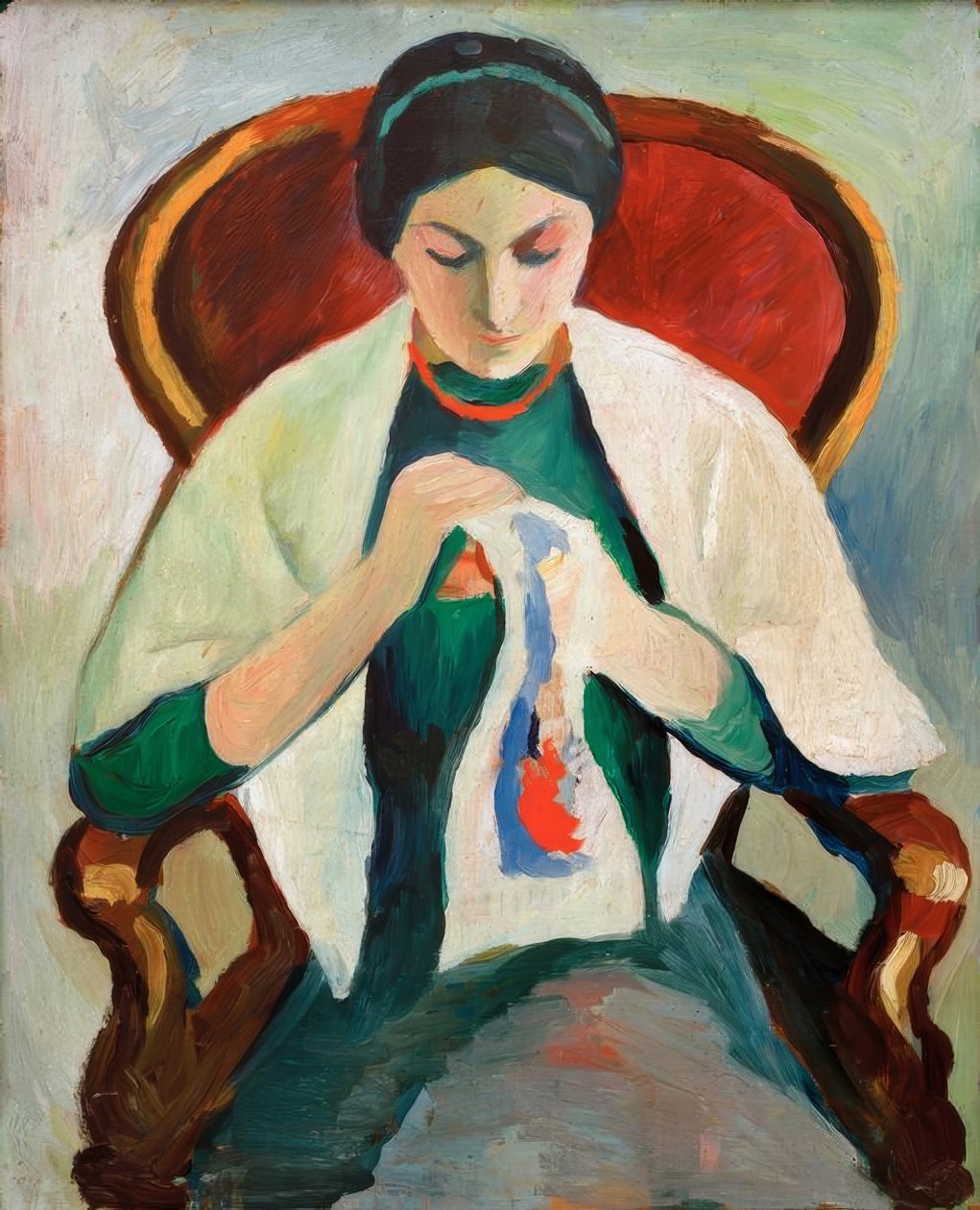 Fotelre hímző nő: a művész feleségének portréja alkotó: August Macke