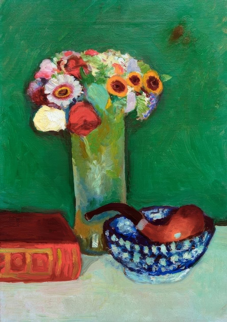 Csendélet egy csokor virággal és egy pipával egy kék tálban alkotó: August Macke