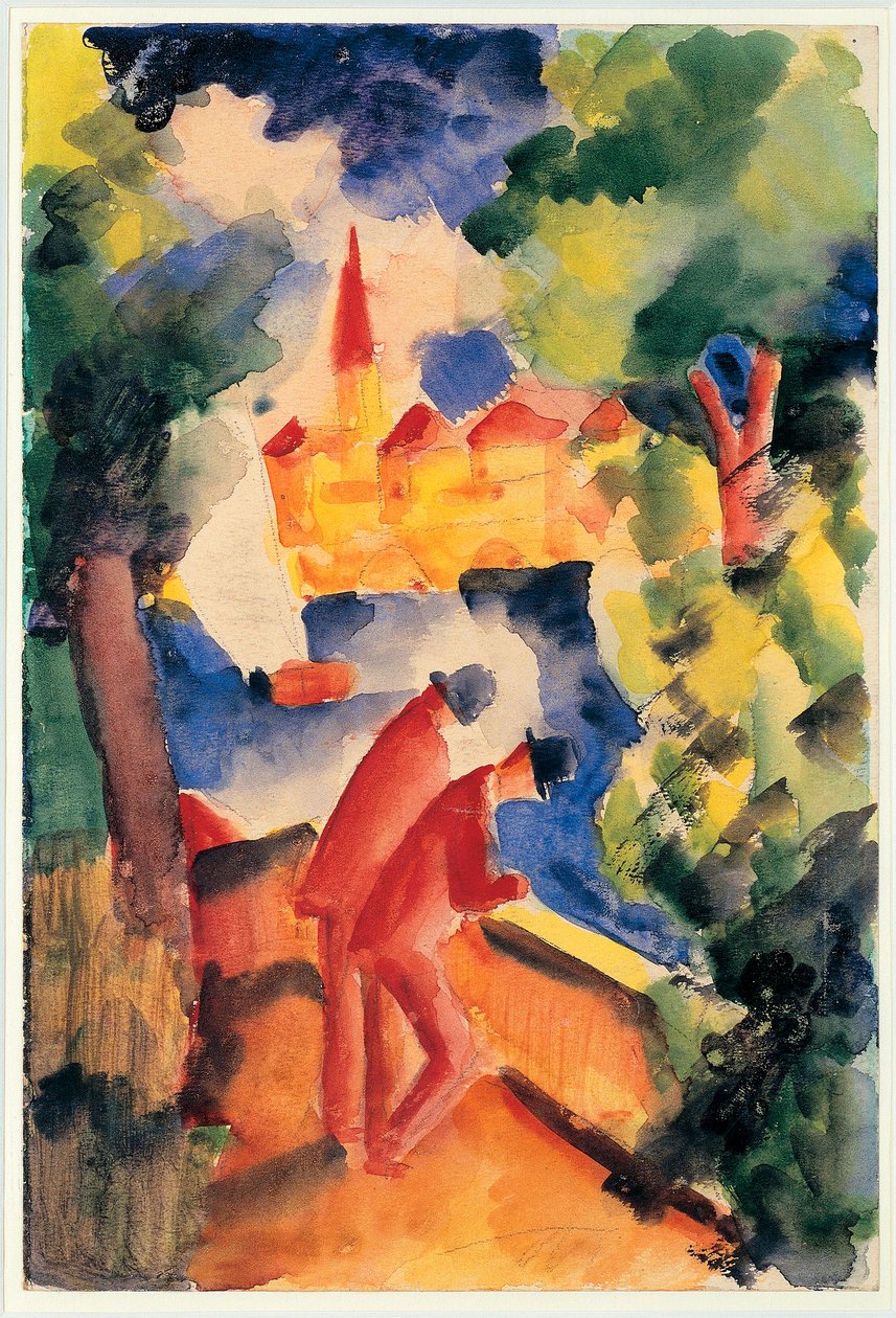 Két férfi kar a korláton, kilátással egy tóra, 1914 (akvarell) alkotó: August Macke