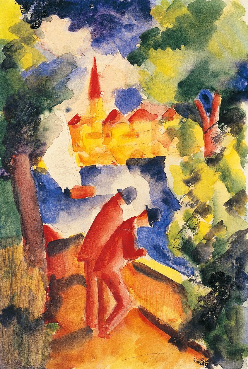 Két férfi kar a korláton, kilátással egy tóra, 1914 (akvarell) alkotó: August Macke