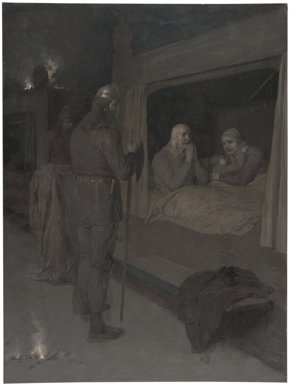 Njal, Bergthora és Thord Karisson úgy döntenek, hogy élve elégetik magukat. Illusztráció a Njál-sagához, 129. fejezet alkotó: August Malmström