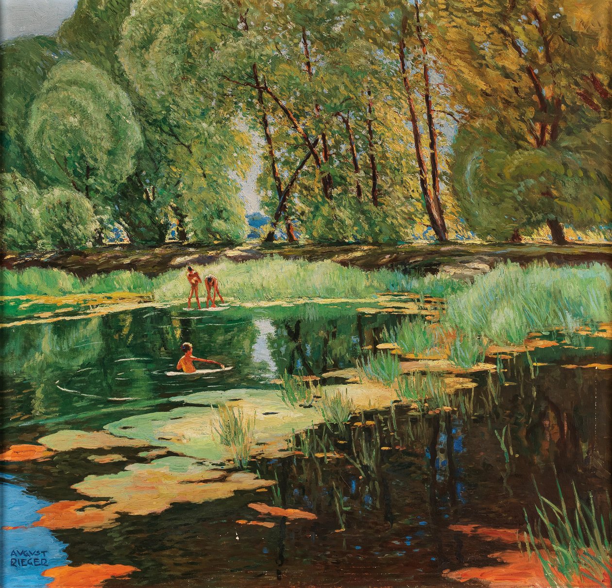 August Rieger fürdőzési jelenet alkotó: August Rieger