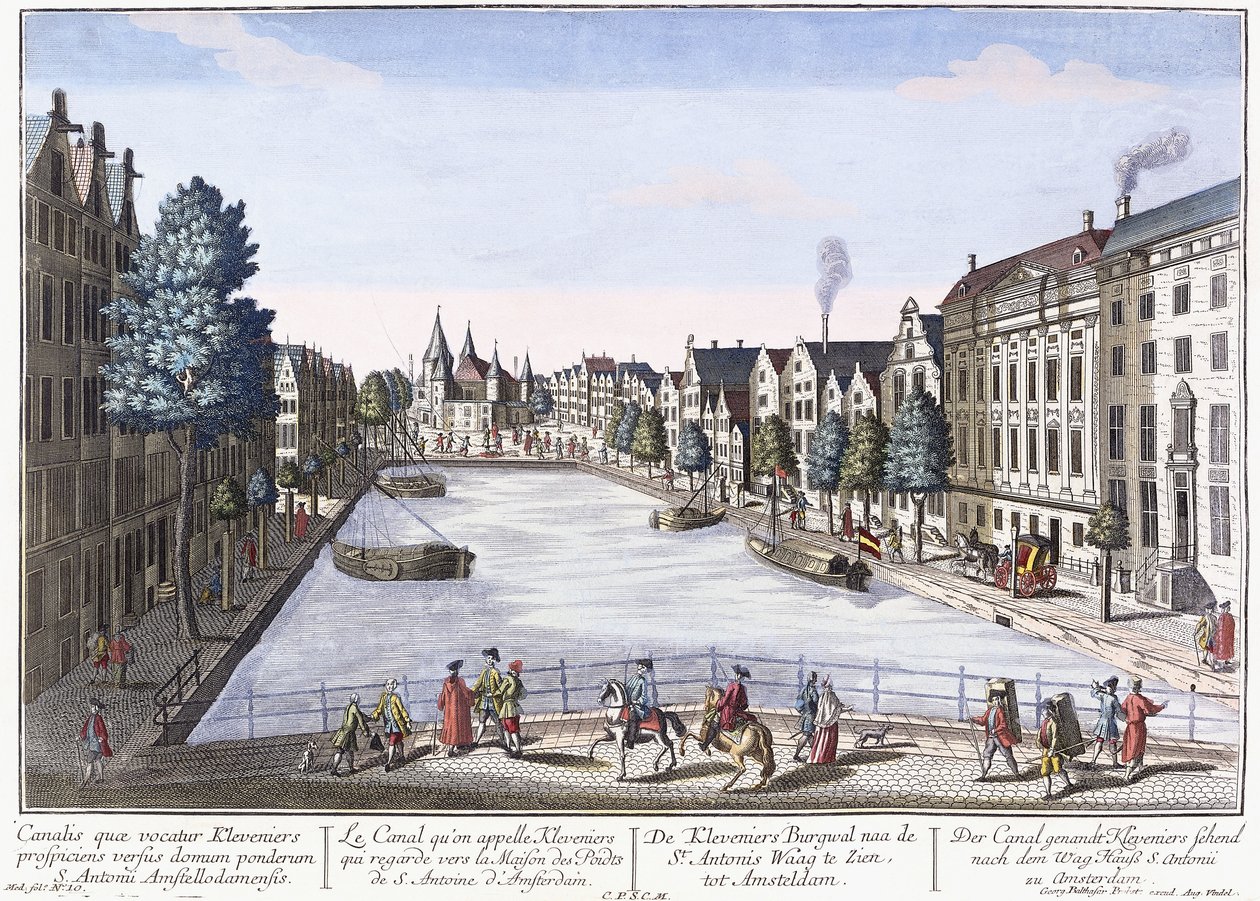 Vue of Kleveniers Canal, Amszterdam, 1740-1770 körül (kézzel színezett metszet) alkotó: August Vindel