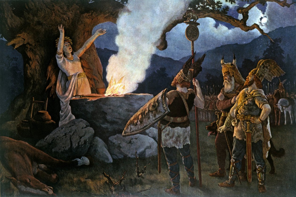 A kelta harcosok papnővel konzultálnak. Augustus Dieffenbacher festménye. alkotó: August Wilhelm Dieffenbacher
