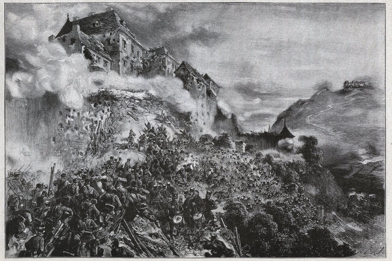 Az 1848-1849-es magyar forradalom: A magyar lázadók 1849. május 21-én megrohamozták a budai (kemencés) várat – August von Pettenkofer litográfiája nyomán alkotó: August Xaver Karl von Pettenkofen
