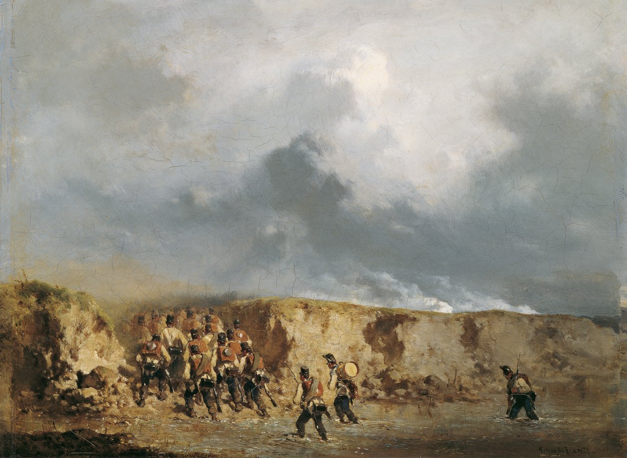 Osztrák katonák átkelnek egy gázlón alkotó: August von Pettenkofen