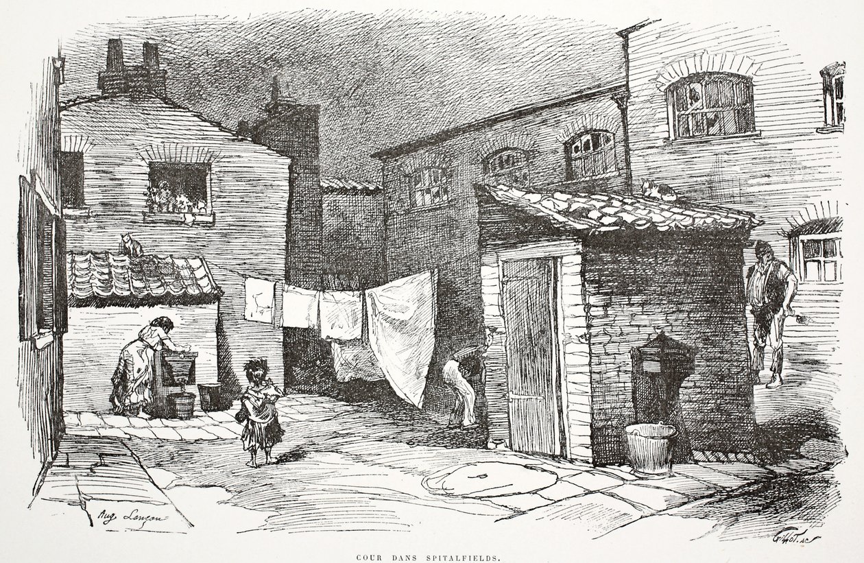 Cour dans Spitalfields, illusztráció a "La Rue a Londres" című könyvből, kiadó: G. Charpentier et Cie, 1884. alkotó: Auguste Andre Lancon