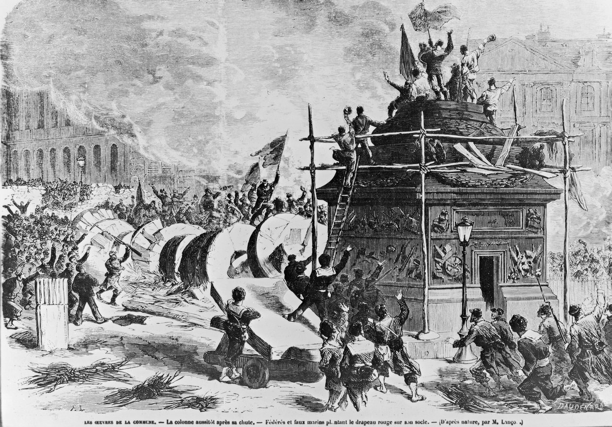 A Vendome-oszlop közvetlenül a bukása után, Federes és hamis tengerészek a vörös zászlót a talapzatra helyezve, 1871. május 16. alkotó: Auguste Andre Lancon