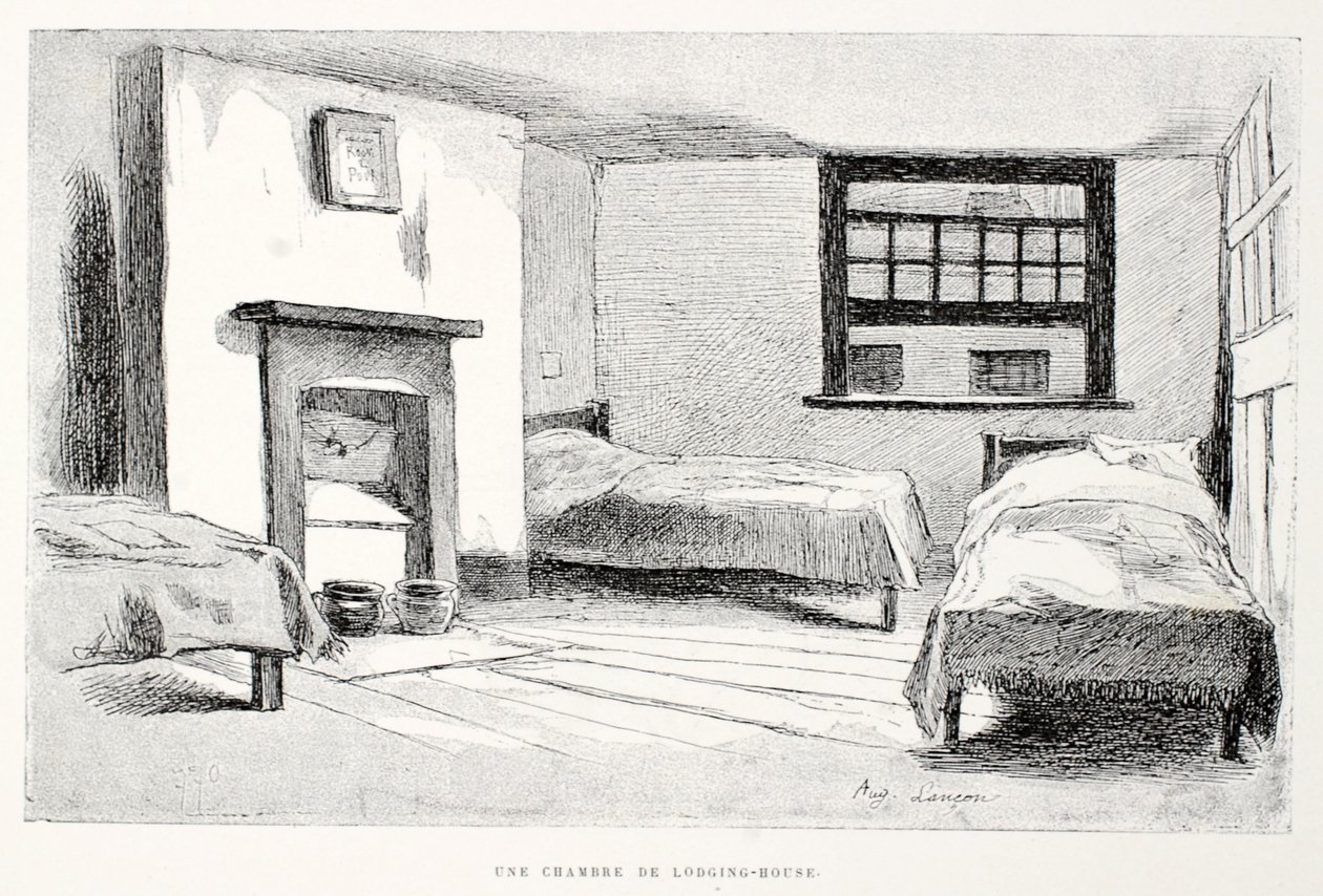 Une Chambre de lodging-house, illusztráció a „La Rue a Londres” pubból. G. Charpentier et Cie, 1884 alkotó: Auguste Andre Lancon