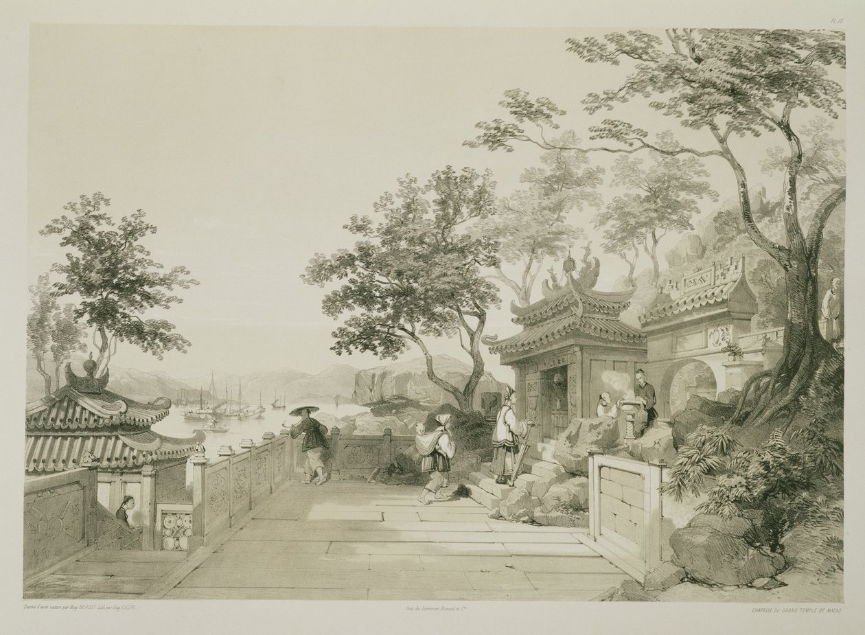 A makaói Nagy Templom kápolnája, 10. tábla a "Sketches of China" című műből, metszette Eugene Ciceri (1813-90) 1842 (színezett litográfia). alkotó: Auguste Borget