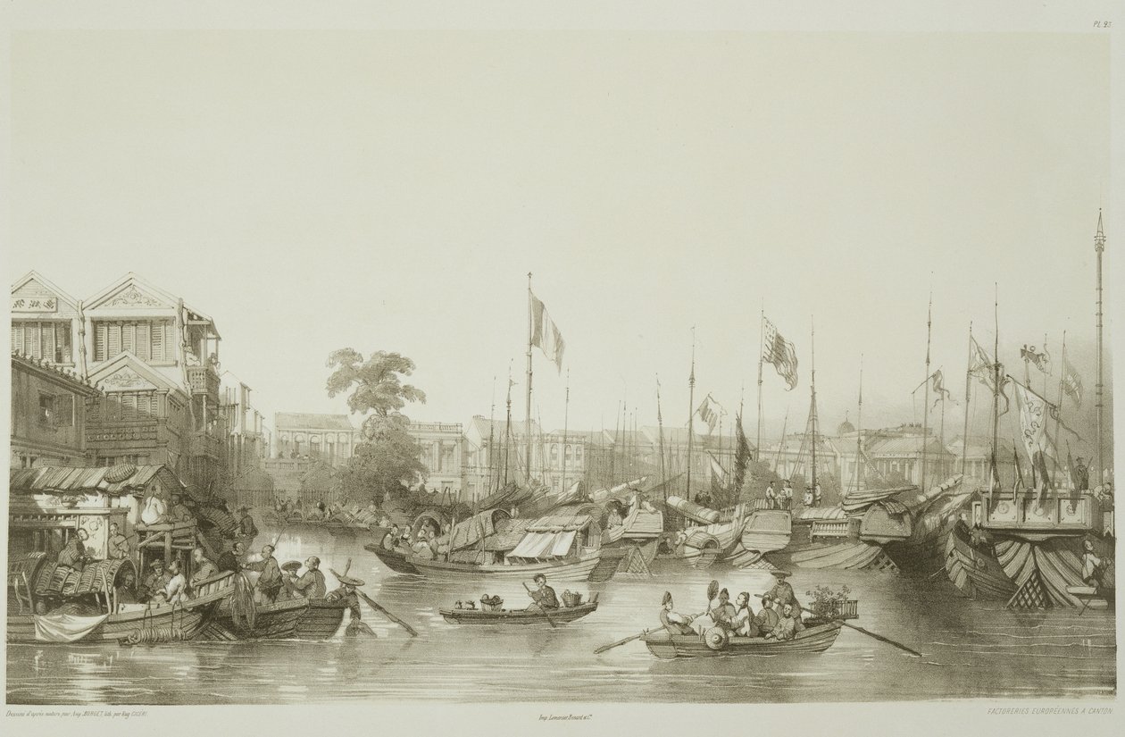 Európai gyárak Kantonban, 23. tábla a „Sketches of China”-ból, metszett: Eugene Ciceri (1813-90) 1842 (színezett litó) alkotó: Auguste Borget