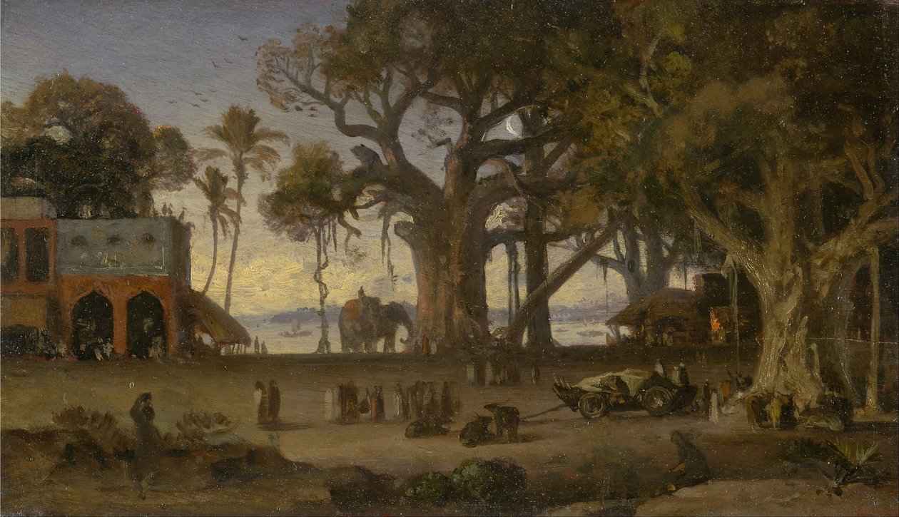 Holdfényes jelenet az indiai figurákról és elefántokról Banyan Fák között, Felső -Indiában (valószínűleg Lucknow) alkotó: Auguste Borget