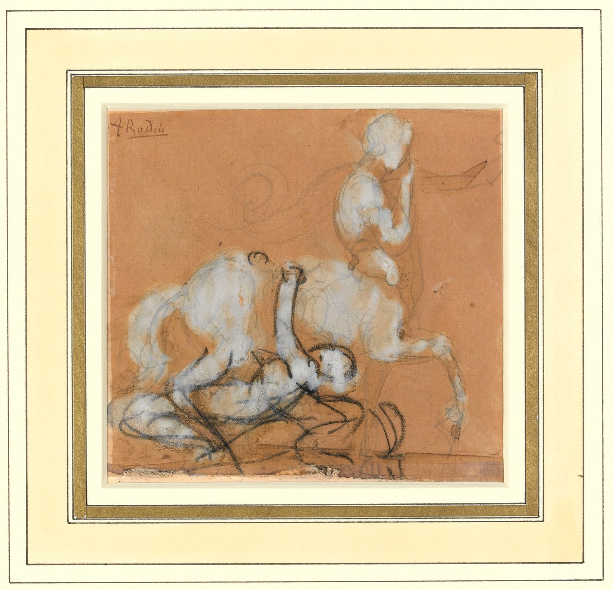 Akhilleusz és Cheiron (grafit, kréta és barna mosás fehér kiemeléssel a papíron) alkotó: Auguste Rodin