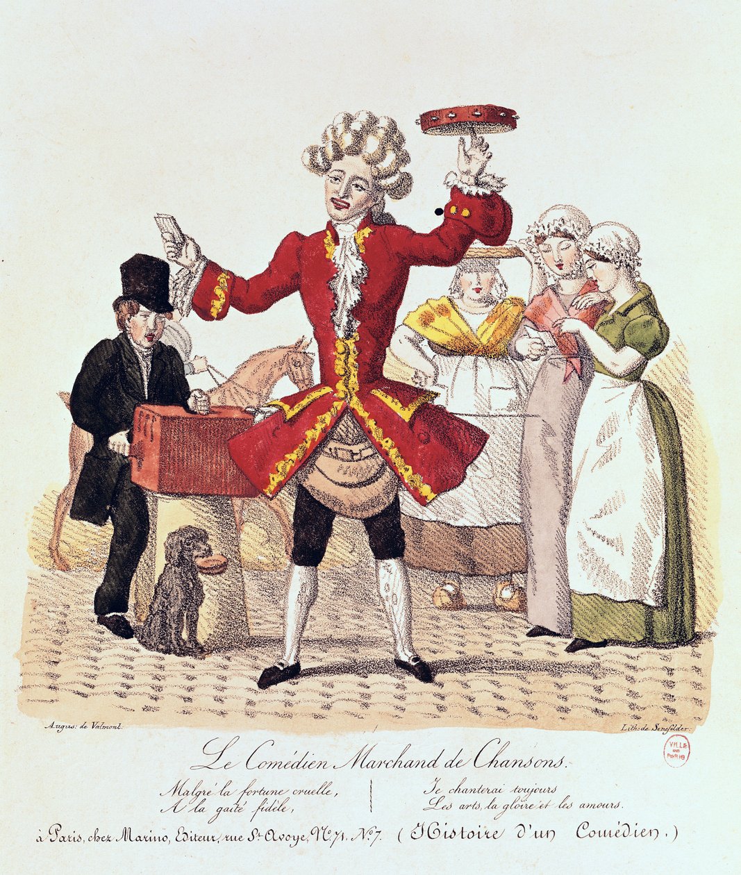 Az utcai énekes, Alois Senefelder (1771-1834) metszete alkotó: Auguste de Valmont