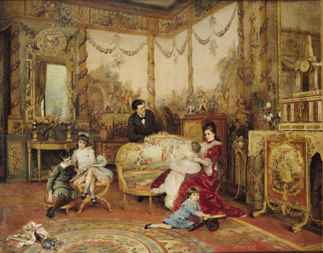 Victorien Sardou (1831-1908) és családja Marly-le-Roi-i szalonjukban, 1875 körül alkotó: Auguste de la Brely