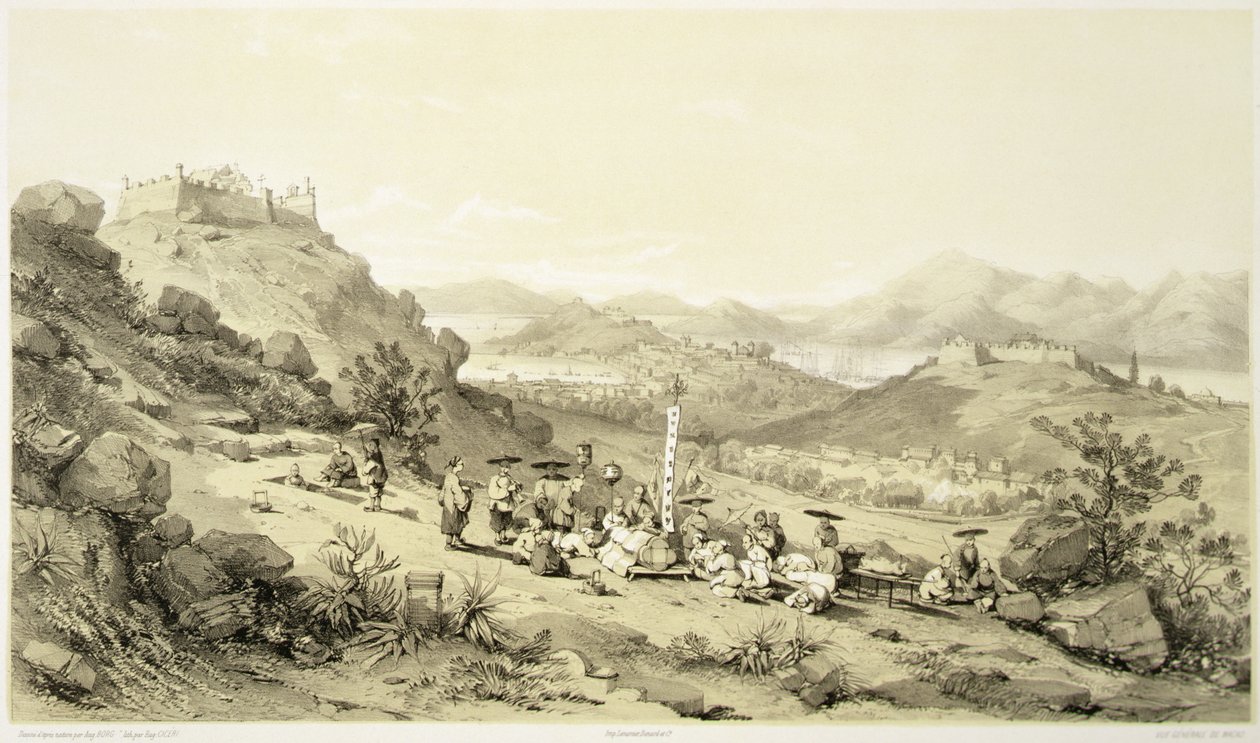Makaó általános képe, 11. tábla a „Sketches of China”-ból, metszett: Eugene Ciceri (1813-90) 1842 (színezett litho) alkotó: Auguste (after) Borget