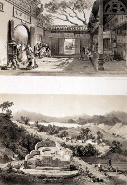 A makaói Nagy Templom, valamint a Hong Kong- és Cowloon-öböl közötti sír és falu belső képe, 8. és 7. tábla a „Sketches of China”-ból, Eugene Ciceri (1813-90) metszetében, 1842 (színezett litho) alkotó: Auguste (after) Borget