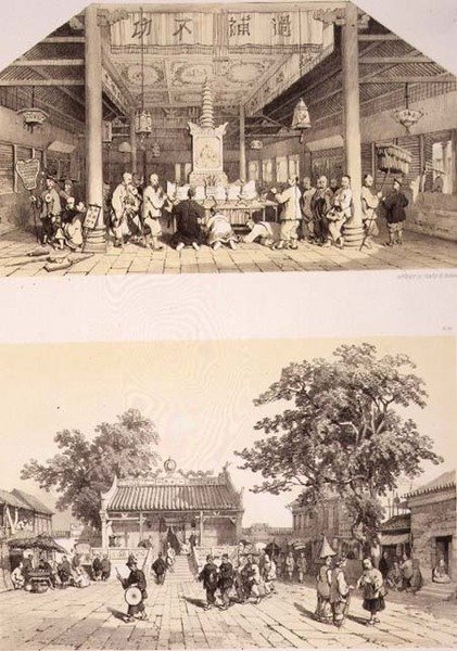 Buddha templomának belseje és egy kis tér Kanton külvárosában, 25. és 26. tábla a „Sketches of China”-ból, Eugene Ciceri (1813-90) metszetében, 1842 (színezett litho) alkotó: Auguste (after) Borget