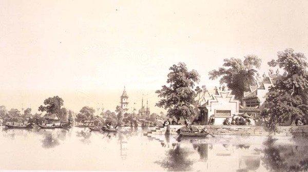 Templom, pagoda és falu a Macao-Canton-csatornán, 22. tábla a "Sketches of China" című műből, metszette Eugene Ciceri (1813-90) 1842 (színezett litográfia). alkotó: Auguste (after) Borget