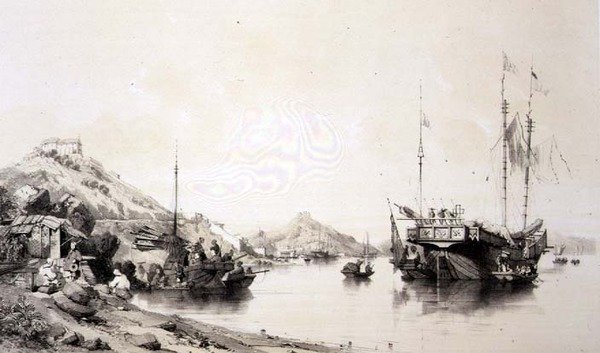 Makaó partjai dagálykor, 12. tábla a "Sketches of China" című műből, metszette Eugene Ciceri (1813-90) 1842 (színezett litográfia). alkotó: Auguste (after) Borget
