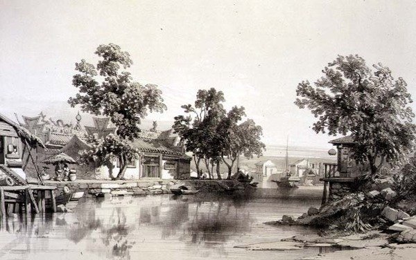 Honan temploma és csatorna, 29. tábla a „Sketches of China”-ból, vésette Eugene Ciceri (1813-90) 1842 (színezett litho) alkotó: Auguste (after) Borget