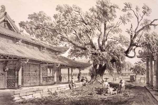 Buddha temploma Kanton Honan külvárosában, 24. tábla a „Sketches of China”-ból, Eugene Ciceri (1813-90) metszet, 1842 (színezett litó) alkotó: Auguste (after) Borget